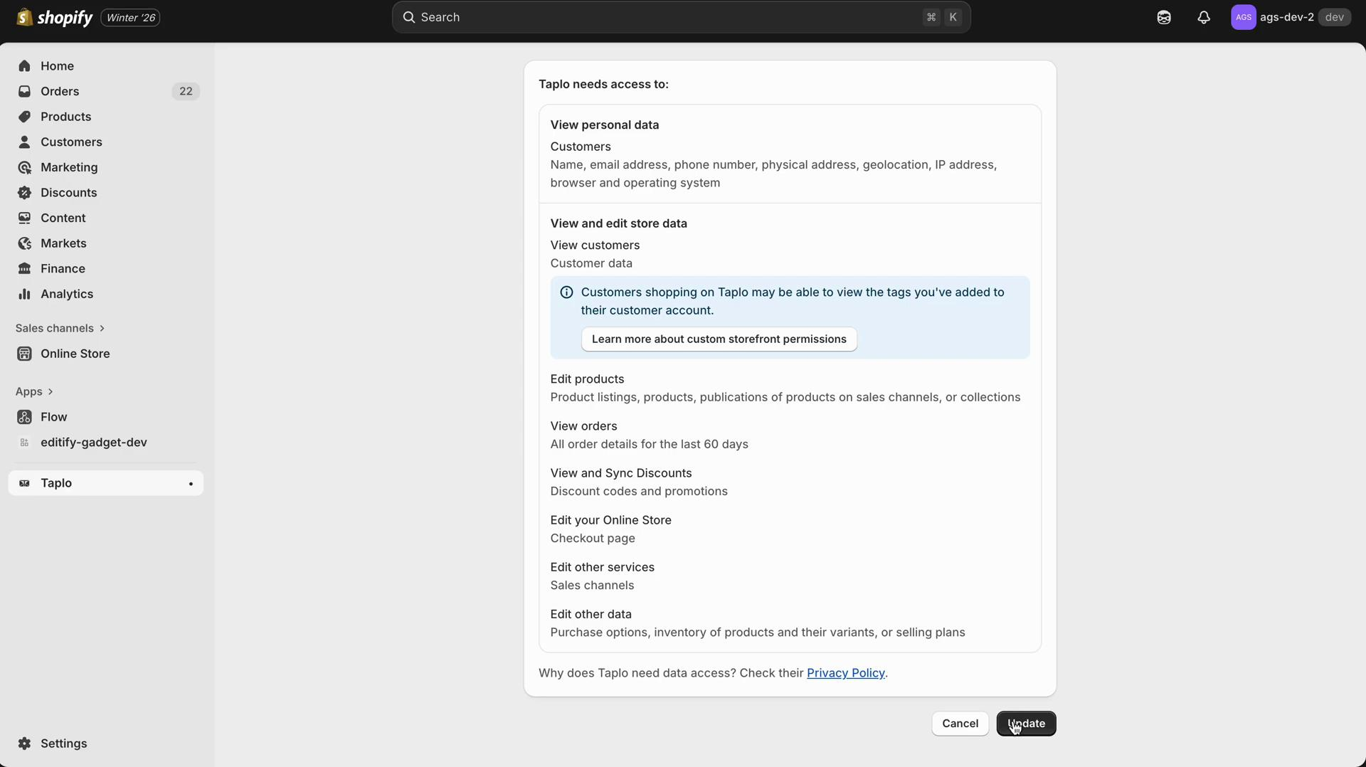Permissions and Update button